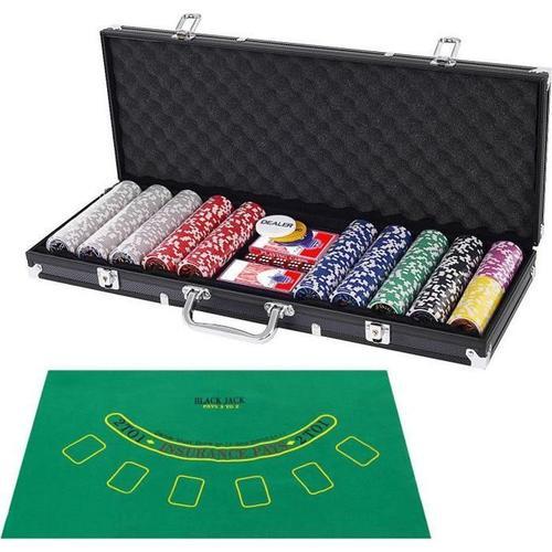 Costway Mallette De Poker 500 Jetons 2 Jeux De Cartes,5 Ds 3 Boutons 1 Tapis En Feutre Coffret Professionnelle Etui Aluminium Noir