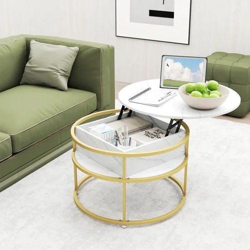 Costway Table Basse  Plateau Relevable, Table Centrale Ronde 80 Cm  2 Niveaux, Compartiment Cach Et tagres Latrales, Blanc