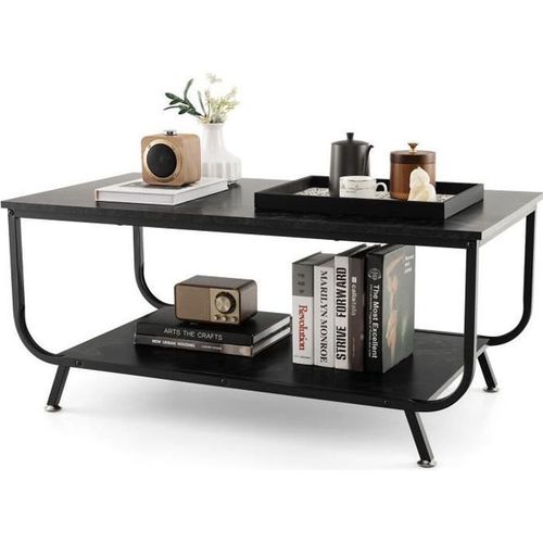 Costway Table Basse Imprime Marbre 2 Niveaux, Table De Salon Rectangulaire Avec Cadre En Mtal Noir Pour Bureau, Salle De Rception