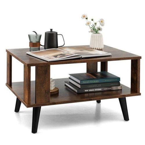 Costway Table Basse Rectangulaire  2 Niveaux, 70 X 50 X 41 Cm, Table D'appoint Avec Patins Antidrapants, Style Industriel, Marron