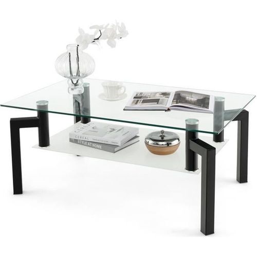 Costway Table Basse Rectangulaire En Verre Tremp  2 Niveaux, 100 X 60 X 43 Cm, Table De Salon Moderne Avec 4 Pieds En Mtal, Noir