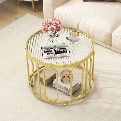 Costway Table Basse Rond  2 Niveaux, Plateau En Verre Tremp, Support Pivotant Ovale, Table D'appoint Or Avec Etagre De Rangement