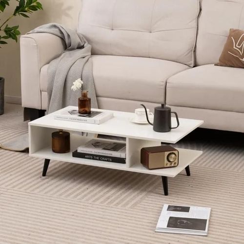 Costway Table Basse Salon  2 Niveaux Avec tagre Ouverte, Table Basse Moderne Rectangulaire Avec Pieds En Mtal, Blanc