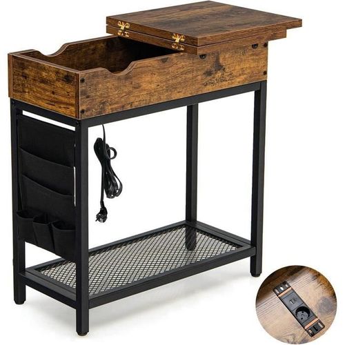 Costway Table D'appoint Avec Prise D?Alimentation, Dessus Rabattable, Pochette En Tissu 60 X 30 X 58,5 Cm Marron Rustique Et Noir