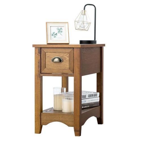 Costway Table D'appoint Avec Tiroir, Pieds En Bois D'hva, 56x33x58,5 Cm, Bout De Canap Rtro Pour Chambre, Salon, Brun Fauve