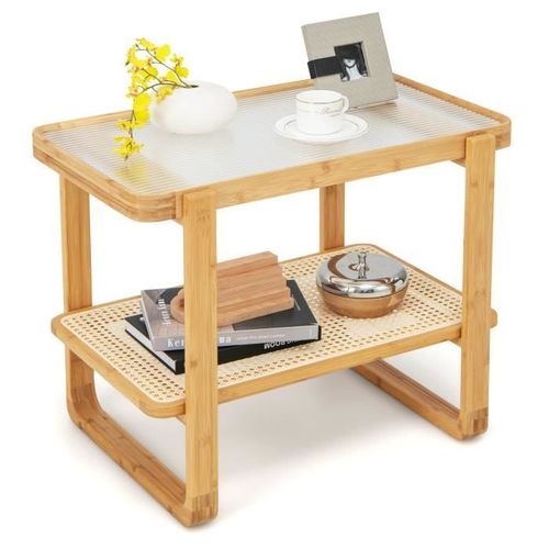 Table D'appoint En Bambou Costway Avec Plateau En Verre Et tagre En Rotin Pe Pour Salon - Naturel