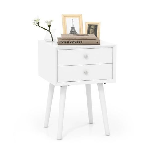 Table De Chevet Costway Avec 2 Tiroirs - Blanc