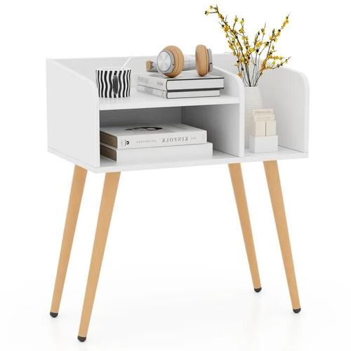 Costway Table De Chevet Avec 3 Compartiments Ouverts, Table D'appoint Avec Pieds En Mtal, Pour Salon, Chambre, Blanc