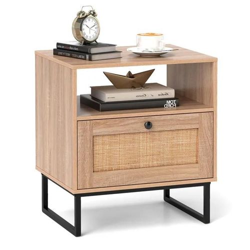 Costway Table De Chevet Avec Tiroir Et Compartiment Ouvert, Pieds En Mtal, Table De Nuit Rtro Pour Salon, Chambre, 48x39x54,5 Cm