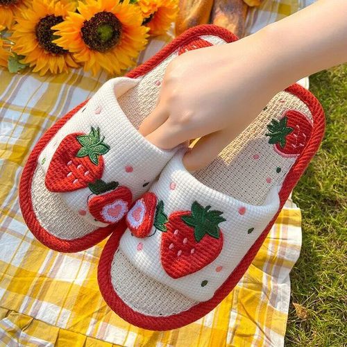 Coton Pantoufles Femmes Automne Et Hiver Chaud Bande Dessine Femmes Fraise Fond Doux Lin Sandales Confortables