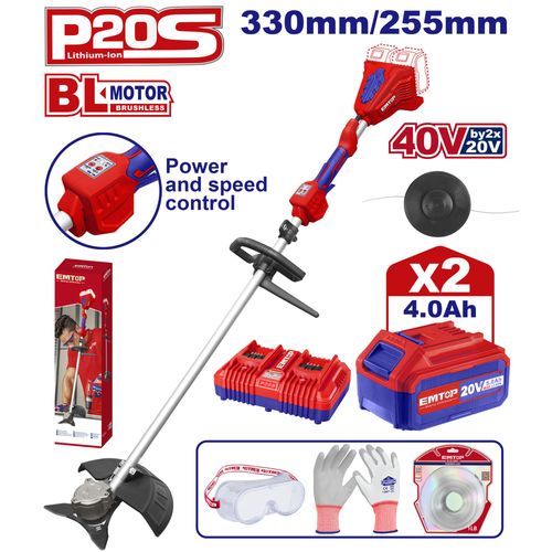 Coupe-Bordure Et Dbroussailleuse  Batterie Emtop 40v Brushless Avec 1 Chargeur Double Port + 2 Batteries Lithium-Ion 4.0ah Gant Picots Pvc Lunettes De Scurit 1 Lame 3t 1 Ligne De Bobine 1