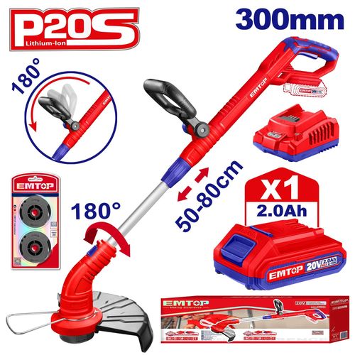 Coupe Bordure Sans Fil Emtop 20v Avec 1 Chargeur + 1 Batterie Lithium-Ion 2.0ah + 2 Bobines De Ligne Longueur De Ligne 5 M Avec Tube Tlescopique Poigne De Rglable
