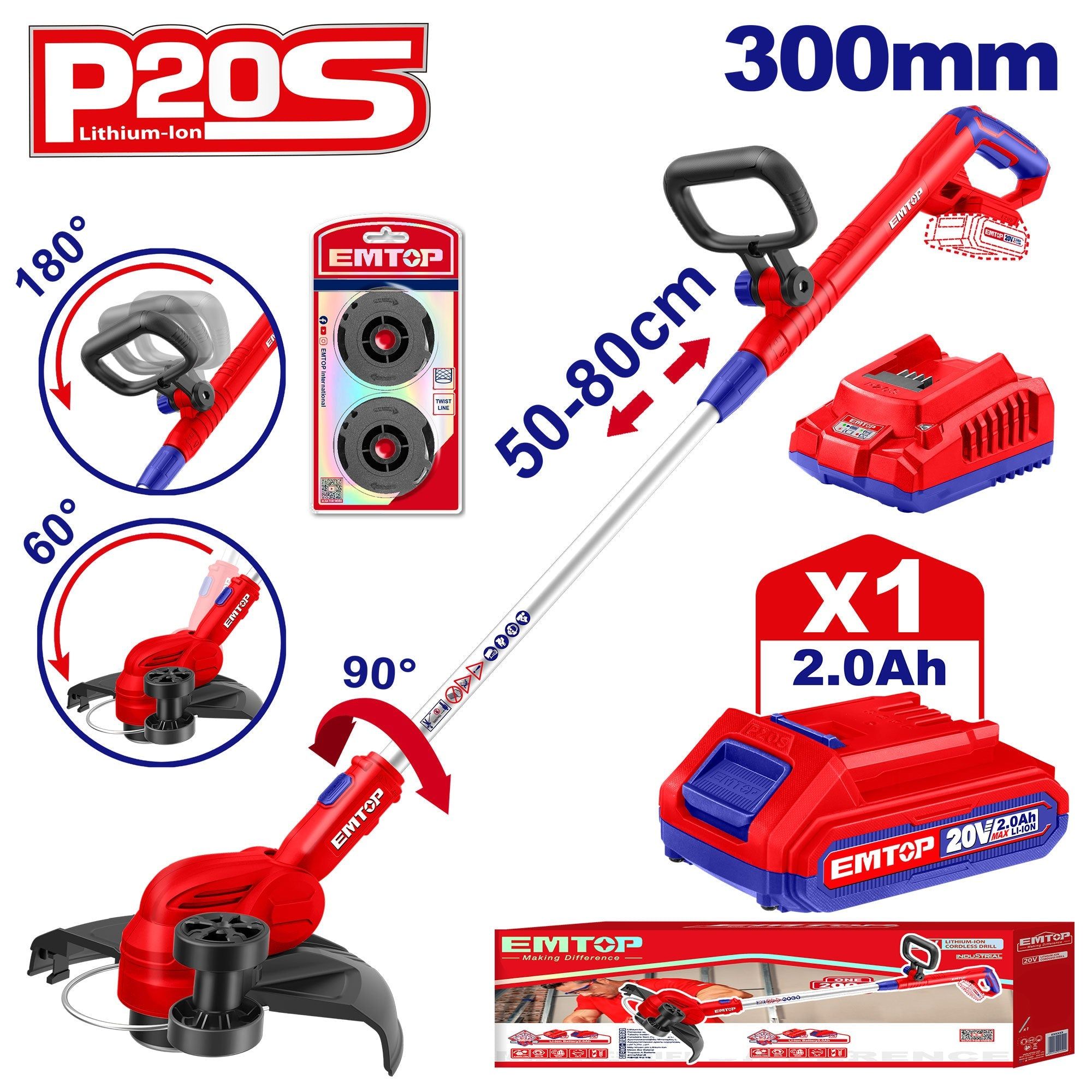 Coupe Bordure Sans Fil Emtop 20v Avec 1 Chargeur + 1 Batterie Lithium-Ion 2.0ah + 2 Bobines De Ligne Longueur De Ligne 5 M Avec Tube Tlescopique Tte Pivotante 60 Poigne De Rglable