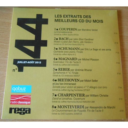 Couperin Blandine Verlet La Convalescente Bach John Eliot Gardiner Schumann Eric Le Sage Quintette Avec Piano Magnard Michel Plasson Guercoeur Reber Jeremie Rhorer Symphonie 4 - Beethoven Midori Seiler Jos Van Immerseel Sonate Violon Piano 7 Charpentier William Christie David Et Jonathas Montverdi Alessandro De Marchi Couronnement De Poppe