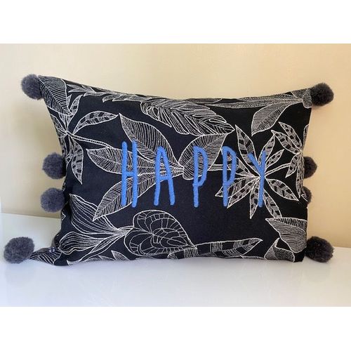 Coussin Dcoration Happy Lettres Bleues Sur Fond Noir Imprim