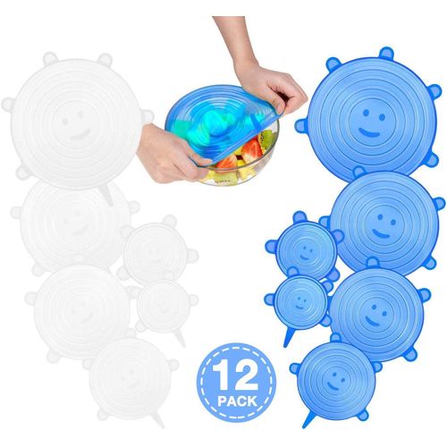Couvercles En Silicone Extensibles, 12 Pices Couvercles En Silicone Extensibles Rutilisables Sans Bpa (Bleu Et Blanc)