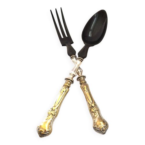 Couvert  Salade Ancien En Mtal Argent Et Corne Noir  Service Noclassique Fleuris 19e S Noir