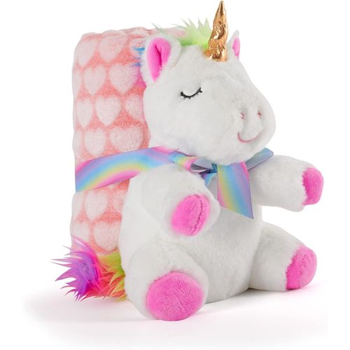 Couverture Bebe Avec Animal En Peluche Douce - Plaid Rose Avec Doudou Licorne Blanche Petit Enfant 0 1 2 3 Ans - Cadeau De Naissance Bebe Fille Moelleux Chaud - 120x80 Cm (Licorne Blanche)