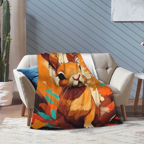 Couverture Douillette En Flanelle Motif Lapin ? Motif Orange Et Marron Vif Avec Un Lapin Ludique, Tricot Doux Et Chaud Pour Toutes Les Saisons, Ideal Pour Le Camping, Les Voyages, Le Bu