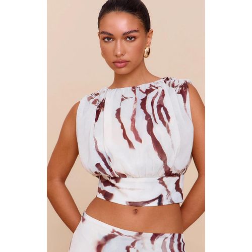 Crop Top En Mousseline De Soie Blanche Imprim Coquillages Fronc, Blanc
