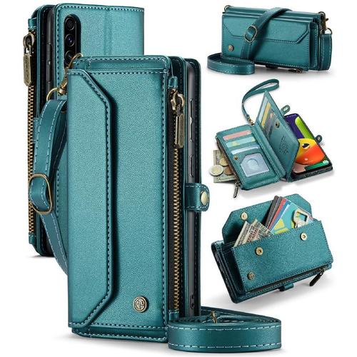 Crossbody tui Pour Samsung Galaxy A50/A50s/A30s Blocage Rfid Fente Pour Les Factures  Fermeture clair Portefeuille tui Pour Femmes tui Portefeuille Titulaire De La Carte - Vert