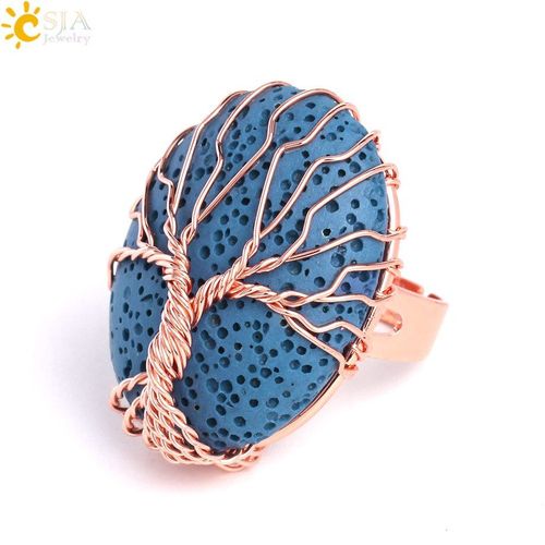 Csja Bague Arbre De Vie Enveloppe De Fil, Or Rose, En Forme D'oeuf, En Pierre De Lave, Ajustable, Bijoux  Breloques G065