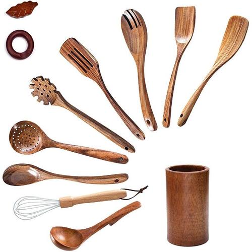 Cuillres En Bois Pour La Cuisine, Ensemble D'ustensiles En Bois Avec Support En Bois, Pole Antiadhsive, Outil De Cuisine, Cuillre En Bois