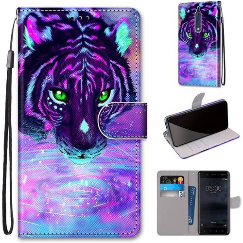 Cuir Pu Folio Etui Nokia 5 Coque Pochette Flip Housse Etui A Rabat Protection Rsistant Aux Chocs Couverture Motif Tigre Violet Scintillant Avec Porte Carte Back Cover Nokia 5 5.2-Pouces