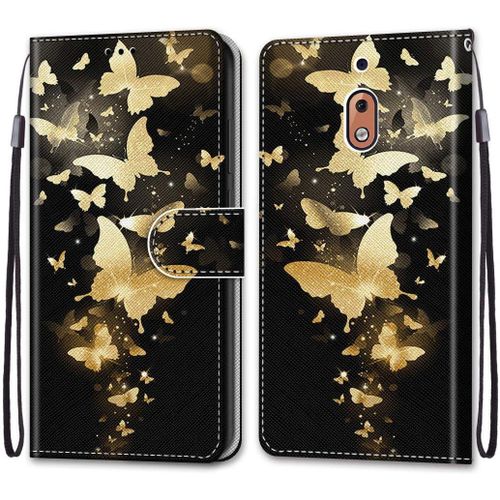 Cuir Pu Folio Etui Pour Nokia 2.1 Coque Pochette Flip Housse Etui Rabat Protection Rsistant Auxr Chocs Couverture Motif Papillon D'or Avec Porte Carte Back Cover Nokia 2.1 5.5