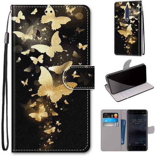 Cuir Pu Folio Etui Pour Nokia 5 Coque Pochette Flip Housse Etui A Rabat Protection Rsistant Aux Chocs Couverture Motif Papillon D'or Avec Porte Carte Back Cover Nokia 5 2017 5.2-Pouces