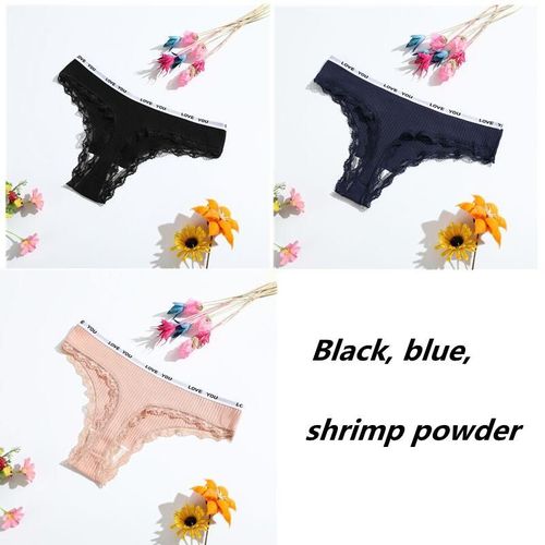 Culotte String Sexy En Coton Pour Femme,Sous-Vtement Fminin,Taille Basse,Couleur Unie,Noir,Dentelle Invisible,3 Pices - Type [C1]-3pcs-Xl