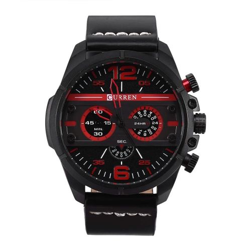 Curren Hommes Analogique Montre Militaire Bracelet En Cuir Pu Montre-Bracelet  Quartz tanche (Noir Rouge)