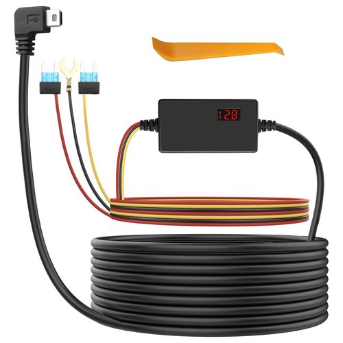 Dash Cam Cable Kit Mini USB 12V-24V to 5V Step-Down Mini USB Hard Cable with LED Display Support 24 Hours Monitoring Power Cable for Camera