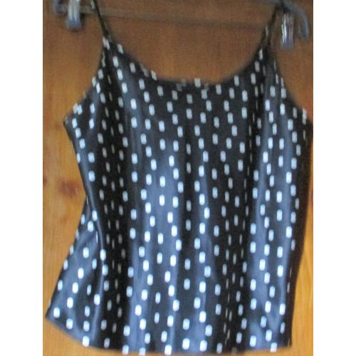 Dbardeur Court  Fines Bretelles Noir  Pois Blanc - 100%Polyester Aspect Satin Soyeux -St Michael From Marks & Spencer Taille 42 - Forme Large Avec Petites Fentes Latrales En Bas