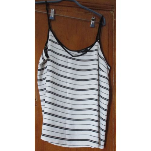 Dbardeur lgant Blanc Ray Assymtriquement En Noir-Fines Bretelles Noires Rglables-Encolure En V Devant-Forme Arrondie  L'arrire-Marque Atmosphre-Taille 48-100%Polyester
