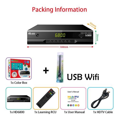 Dcodeur numrique HD6800 DVB T2 DVB-C HEVC 265 HD DVB-T2,rcepteur TV terrestre EPG,dcodeur Youtube LAN Scart - Type 6800 With USB WIFI