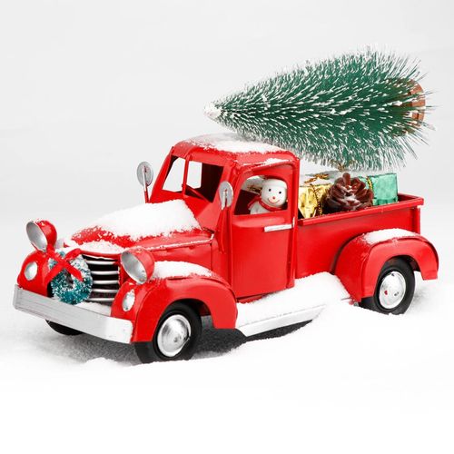 Dcor De Camion Rouge De Nol 8.3 Pouces Avec 5 Mini Ornements, Dcor De Table Amlior, Fabriqu  La Main, Vieux Modle De Voiture, Pick Up En Mtal