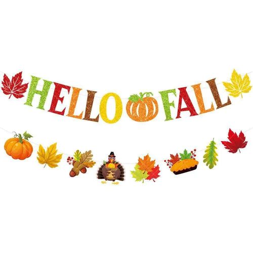 Dcoration De Fte D'automne Hello Fall Feel Banner,Harvest Festival,Thanksgiving Party,Pumpkin Maple Scalp Family Party,Confrontal Garla - Type Two Strings
