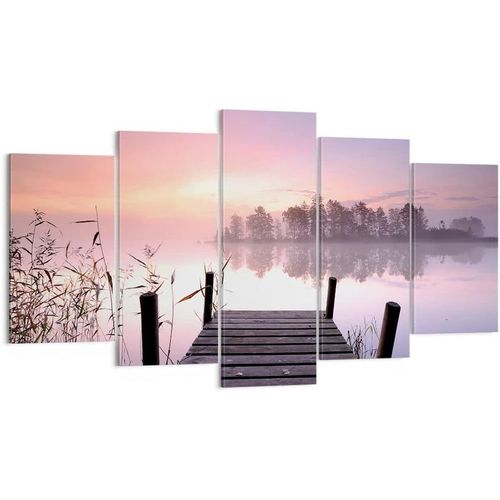Dcoration Salon Matine Lever De Soleil Brouillard Lac Moderne Impression Sur Toile Image Tableau Decoration Murale Chambre Triptyque 5 Parties Art Tableaux D 100 X 55 Cm. (Sans Cadre)