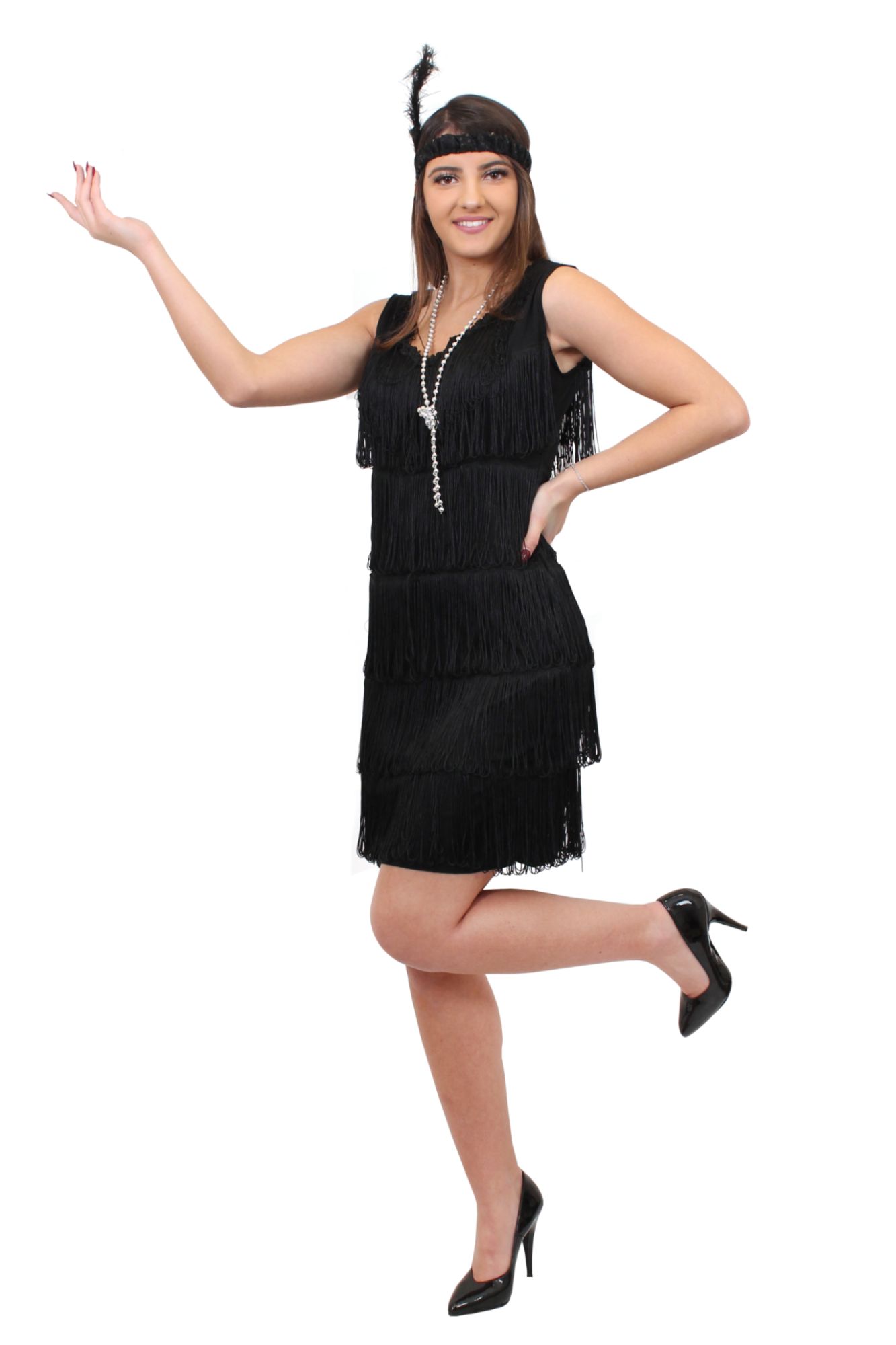 Dguisement Pour Femme Des Annes 20 Avec Robe Noir  Franges Devant Et Derrire Style Charleston + Un Bandeau  Plume Assorti + Un Collier De Fausses Perles Argent - Large