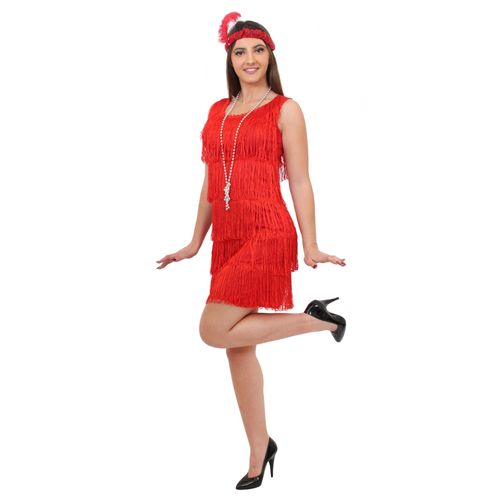 Dguisement Pour Femme Des Annes 20 Avec Robe Rouge  Franges Devant Et Derrire Style Charleston + Un Bandeau  Plume Assorti + Un Collier De Fausses Perles Argent - Xlarge
