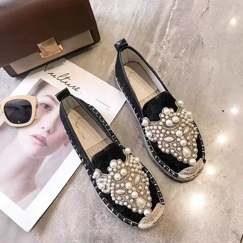 Demi-Pantoufles Plates En Perles Pour Femmes,Chaussures  Talons Plats En Chanvre Perl,Mules En Dentelle En Tissu De Coton,Diapositives De Printemps - 36