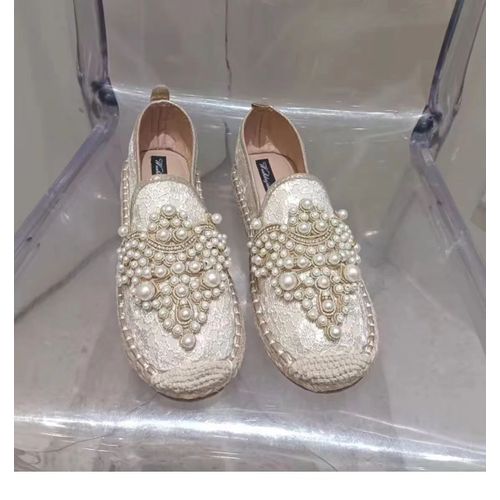 Demi-Pantoufles Plates En Perles Pour Femmes,Chaussures  Talons Plats En Chanvre Perl,Mules En Dentelle En Tissu De Coton,Diapositives De Printemps - 40