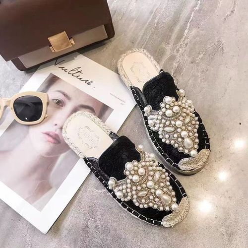Demi-Pantoufles Plates En Perles Pour Femmes,Chaussures  Talons Plats En Chanvre Perl,Mules En Dentelle En Tissu De Coton,Diapositives De Printemps - 35