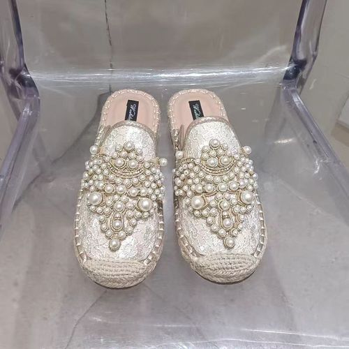 Demi-Pantoufles Plates En Perles Pour Femmes,Chaussures  Talons Plats En Chanvre Perl,Mules En Dentelle En Tissu De Coton,Diapositives De Printemps - 39
