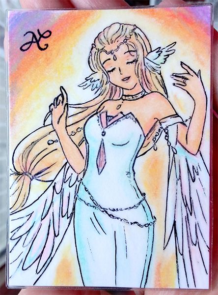 Dessin Original Jeune Femme Manga Ange Ailes Longue Robe Bijoux Pastels Miniature Art Rakuten