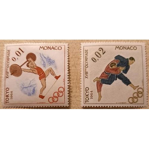 Deux Timbres Neufs Monaco De 1964, Jeux Olympiques De Tokyo, Un Haltrophile  1 Centime Et Deux Judokas  2 Centimes.