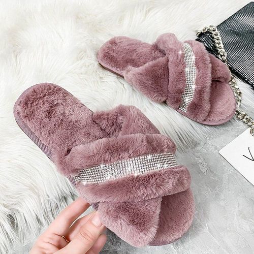 Diapositives En Fourrure  Plate-Forme Pour Femmes, Pantoufles Pelucheuses Et Mignonnes  Semelles Souples, Vente En Gros, 2021 - 38