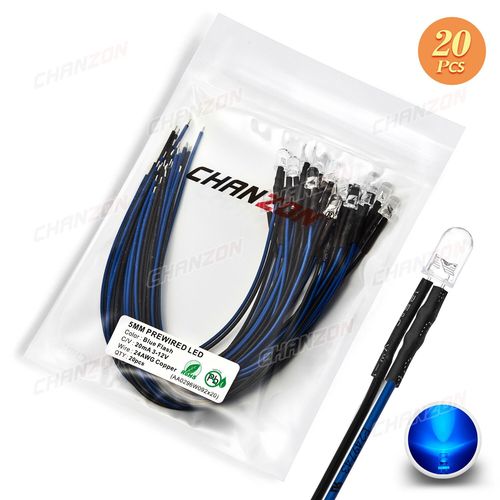 Diode LED clignotante prcble,perles de lumire,clignotant,blanc,rouge,vert,bleu,jaune,RVB,flash rapide et lent,lampe pr-fil bricolage,5mm,12V,20 pices - Type Blue Flash
