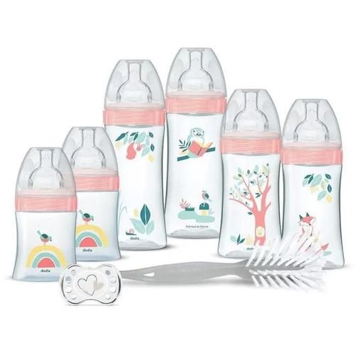 Dodie Kit Naissance - 6 Biberons Anti-Colique Ttines Plates, 1 Sucette Anatomique 0-2 Mois, 1 Goupillon - Sans Bpa - Rose